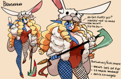 1girl animal_costume axe english_text fishnet_pantyhose fishnets highres murgoten pantyhose pointy_ears rabbit_costume rabbit_ears
