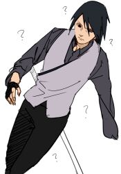 1boy ? amputee black_eyes black_gloves black_hair black_pants boruto:_naruto_next_generations closed_mouth fingerless_gloves gloves grey_shirt grey_vest heterochromia highres long_sleeves male_focus naruto_(series) ninja pants rinnegan shirt short_hair simple_background solo sword uchiha_sasuke vest weapon white_background zifletts