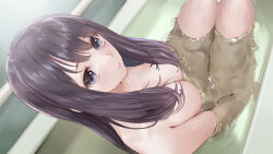 1girl absurdres bathing bathroom bathtub black_hair blue_reflection_(series) blue_reflection_sun blue_reflection_tie breasts cleavage grey_eyes hair_between_eyes highres kasuga_shiho kishida_mel looking_at_viewer medium_breasts nude partially_submerged sitting solo swept_bangs