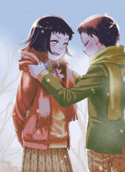 1boy 1girl absurdres adjusting_another&#039;s_clothes bare_tree black_hair blush closed_eyes collared_shirt commentary_request fang gami_(gami37260414) green_scarf highres kimetsu_gakuen kimetsu_no_yaiba necktie open_mouth red_scarf scarf school_uniform shirt skirt smile snow susamaru_(kimetsu_no_yaiba) tree winter yahaba_(kimetsu_no_yaiba) yellow_eyes