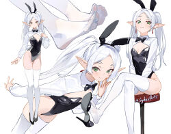 1girl animal_ear_hairband animal_ears artist_name black_bow black_bowtie black_footwear black_leotard blush bow bowtie breasts commentary_request crossed_legs dorsiflexion earrings elf extreme_dangling fake_animal_ears fake_tail feet floating_earrings foot_out_of_frame frieren groin hairband highres holding_with_feet jewelry legs leotard light_smile long_hair looking_at_viewer multicolored_hair multiple_views no_shoes on_stool playboy_bunny pointy_ears rabbit_ear_hairband rabbit_ears rabbit_tail shoe_dangle shrug_(clothing) simple_background sitting small_breasts smile soles sousou_no_frieren stool strapless strapless_leotard streaked_hair sydus tail teardrop_earrings thigh_gap thighhighs toes twintails twitter_username very_long_hair white_background white_hair white_thighhighs