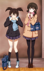10s 2girls alternate_costume bad_id bad_pixiv_id bag steamed_bun black_hair black_rock_shooter blue_eyes blush bread bread_slice can drink drink_can eating food green_eyes injury jacket julius_yu kuroi_mato long_hair multiple_girls pantyhose scarf school_bag shoes short_hair skirt smile sneakers soda_can takanashi_yomi toast twintails