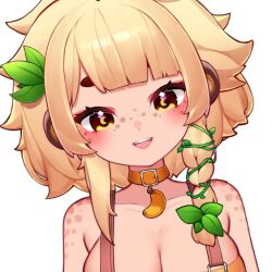 1girl animal_ears banana bananajuju blonde_hair breasts brown_eyes cleavage collar food freckles fruit hair_ornament huge_breasts indie_virtual_youtuber leaf_hair_ornament looking_at_viewer monkey_ears monkey_girl open_mouth orange_collar portrait short_hair simple_background solo teeth upper_teeth_only virtual_youtuber white_background