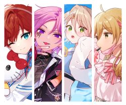 Rule 34 | 4boys, ahoge, amagi hiiro, amagi hiiro (colorful fairytail), aqua eyes, blonde hair, border, brown eyes, brown hair, cropped shirt, ensemble stars!, facial mark, green eyes, hair between eyes, hello kitty, hello kitty (character), highres, long hair, looking at viewer, mashiro tomoya, mashiro tomoya (princess outfit), mask, mouth mask, multiple boys, official alternate costume, one eye closed, open mouth, oukawa kohaku, pink hair, pink ribbon, purple eyes, red eyes, ribbon, sanrio, shiratori aira (ensemble stars!), shisokonbu, short hair, tongue, white border