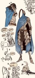 1girl 2boys armor artorias_the_abysswalker belt black_hair blue_cape blush brown_belt cape chinese_text commentary dark_souls_(series) dark_souls_i dragon_slayer_ornstein from_side full_armor full_body great_grey_wolf_sif hands_in_hair heart holding holding_sword holding_weapon long_hair lord&#039;s_blade_ciaran multiple_boys partially_colored patting simple_background speech_bubble sword sword_in_mouth symbol-only_commentary translation_request tworain_w upper_body weapon white_background wolf