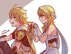 Rule 34 | 1boy, 1girl, aether (genshin impact), ahoge, bare shoulders, blonde hair, brother and sister, cape, commentary, dress, earrings, feather hair ornament, feathers, genshin impact, hair ornament, jewelry, long hair, lumine (genshin impact), midriff, siblings, sidelocks, simple background, soc nau, tying another&#039;s hair, tying hair, white dress, yellow eyes