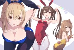 3girls animal_ears armpits arms_up blue_leotard breasts brown_eyes brown_hair brown_pantyhose cleavage fake_animal_ears fake_tail fishnet_pantyhose fishnets highres holding holding_stuffed_toy large_breasts leaning_forward leotard long_hair looking_at_viewer lower_teeth_only minami-ke minami_chiaki minami_haruka minami_kana multiple_girls open_mouth pantyhose playboy_bunny rabbit_ears rabbit_tail red_leotard saikuu siblings simple_background sisters strapless strapless_leotard stuffed_animal stuffed_toy tail teddy_bear teeth topknot twintails white_pantyhose yellow_leotard