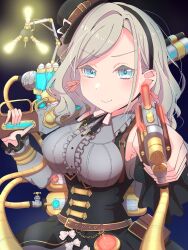 &gt;:) 1girl absurdres armpit_peek bare_shoulders black_hat black_skirt blue_background blush breasts center_frills ceras_yanagida_lilienfeld closed_mouth clothing_cutout collared_shirt commentary_request dark_background dress_shirt frilled_shirt_collar frills grey_hair grey_shirt gun hair_ribbon handgun hat high-waist_skirt highres holding holding_gun holding_weapon large_breasts link!_like!_love_live! long_hair looking_at_viewer love_live! official_alternate_costume pink_ribbon retrofuture_(love_live!) ribbon rifle shirane_nanimo shirt shoulder_cutout skirt smile solo steampunk tilted_headwear underbust v-shaped_eyebrows virtual_youtuber weapon