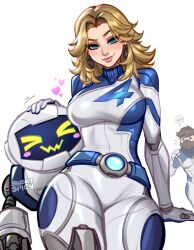 1girl beard belt blonde_hair blush blushyspicy bodysuit breasts brown_hair earrings emoji facial_hair fantastic_four h.e.r.b.i.e. heart highres jewelry large_breasts lips long_hair looking_at_viewer marvel marvel_rivals parted_bangs reed_richards robot smile spoken_heart sue_storm thick_thighs thighs white_bodysuit