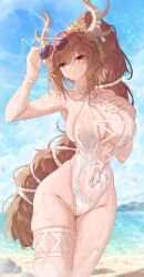Rule 34 | 1girl, absurdres, animal ears, antlers, bare shoulders, beach, bikini, blitz predator, blue sky, blush, breasts, brown hair, center opening, cleavage, cloud, commentary, criss-cross halter, criss-cross straps, day, deer antlers, deer ears, deer girl, diana (trickcal), english commentary, eyes visible through hair, groin, hair between eyes, hair ornament, hair tie, halterneck, hand on own chest, hand up, highleg, highleg bikini, highres, holding, holding removed eyewear, horns, large breasts, lens flare, long hair, looking at viewer, navel, ocean, outdoors, parted lips, ponytail, red eyes, sideboob, skindentation, sky, solo, standing, sunglasses, sunlight, swimsuit, thigh strap, thighs, tinted eyewear, trickcal, unworn eyewear, very long hair, wet, white bikini, wristband