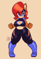 Rule 34 | 1girl, artist name, bare shoulders, breasts, chipmunk ears, chipmunk girl, clenched hands, commentary, english commentary, eyelashes, highres, jamoart, large breasts, looking at viewer, no humans, red hair, sally acorn, solo, sonic (series)