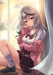 1girl arm_under_breasts badge black_choker black_hair blush breasts button_badge cardigan choker grey_hair hair_ornament heart heart_choker heart_collar highres hololive jacket large_breasts long_hair looking_at_viewer mihaeru multicolored_hair o-ring o-ring_choker octopus_hair_ornament official_alternate_costume pink_cardigan pink_jacket plaid_clothes plaid_skirt red_eyes red_skirt sakamata_chloe sakamata_chloe_(gyarumata) shirt sitting skirt smile solo streaked_hair vertical-striped_bowtie virtual_youtuber white_shirt window x_hair_ornament