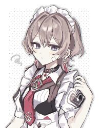 1girl alternate_costume apron bandaid bandaid_on_cheek bandaid_on_face blue_eyes brown_hair closed_mouth commentary done_(qz1c_) dress earrings enmaided frilled_apron frills hashtag-only_commentary highres honkai_(series) honkai_impact_3rd jewelry lantern_(honkai_impact) maid maid_apron maid_headdress necktie polka_dot polka_dot_background puffy_short_sleeves puffy_sleeves red_necktie short_hair short_sleeves solo symbol-only_commentary upper_body white_apron white_background white_dress