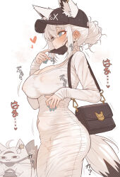 1girl ahoge alternate_costume animal_ear_fluff animal_ear_piercing animal_ears bag baseball_cap black_hat blue_nails blush breasts clothing_cutout commentary covered_erect_nipples crossed_bangs dongtan_dress double-parted_bangs dress ear_blush extra_ears fox_ears fox_girl fox_tail hair_between_eyes hair_bun hand_up handbag hat highres hololive large_breasts long_sleeves mask mask_pull meme_attire miteiru_(shirakami_fubuki) mouth_mask nail_polish paid_reward_available parted_lips shirakami_fubuki shiroi_yoru short_hair simple_background single_hair_bun skin_tight sleeves_past_wrists solo surgical_mask tail tail_through_clothes virtual_youtuber white_background white_dress white_hair