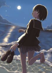 1girl amagami barefoot beach black_hair black_jacket black_sailor_collar blazer blush breasts brown_eyes brown_shoes cloud collared_shirt commentary cumulonimbus_cloud dress_shirt dutch_angle foot_out_of_frame foot_up full_moon grey_skirt hands_up highres holding holding_shoes horizon jacket kibito_high_school_uniform loafers long_sleeves looking_at_viewer looking_back loose_hair_strand mistamaga moon nanasaki_ai night ocean parted_lips pleated_skirt running sailor_collar sand school_uniform shirt shoes short_hair skirt sky small_breasts smile soles solo star_(sky) starry_sky toes turning_head wading water white_shirt white_trim