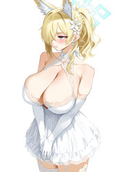 1girl alternate_costume animal_ear_fluff animal_ears bare_shoulders blonde_hair blue_archive blue_eyes blue_halo breasts cleavage collarbone dress earrings elbow_gloves extra_ears floating_earrings flower garter_straps gloves hair_flower hair_ornament hair_over_one_eye halo halter_dress halterneck highres huge_breasts jewelry kanna_(blue_archive) lace lace-trimmed_dress lace-trimmed_gloves lace-trimmed_thighhighs lace_trim own_hands_together ponytail short_dress simple_background skindentation sleeveless sleeveless_dress solo thighhighs thore_(nathalukpol) wavy_hair white_background white_dress white_flower white_gloves white_thighhighs