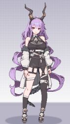 1girl arknights arms_at_sides asymmetrical_legwear bare_shoulders belt black_horns black_shirt black_shorts black_socks black_tail black_thighhighs breasts commentary full_body gamepix gradient_background grey_background grid_background hair_between_eyes highres horns jacket large_breasts long_hair long_sleeves looking_at_viewer multiple_belts off_shoulder open_mouth pixel_art purple_hair red_eyes shirt shorts single_sock single_thighhigh sleeveless sleeveless_shirt smile socks solo standing symbol-only_commentary thigh_strap thighhighs twintails typhon_(arknights) very_long_hair white_jacket