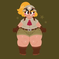 1girl backpack bag belt blonde_hair boots breasts eyelashes furry gloves goomba goombella helmet highres mario_(series) medium_breasts naycelium nintendo paper_mario paper_mario:_the_thousand-year_door personification plump ponytail shorts thick_thighs thighs tusk