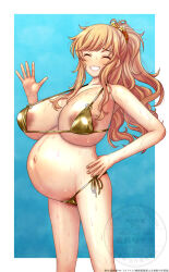 1girl absurdres anetani_kiki areola_slip armpits big_belly bikini blonde_hair blue_background blush breasts cleavage closed_eyes dark_areolae eyebrows_hidden_by_hair female_pubic_hair gold_bikini hair_tie hand_on_own_hip highres huge_breasts idolmaster idolmaster_cinderella_girls long_hair looking_at_viewer navel ohtsuki_yui open_mouth ponytail pregnant pubic_hair sagging_breasts shadow sideboob smile solo stomach sweat swimsuit teeth waving