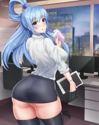 1girl absurdres aqua_(konosuba) ass black_skirt black_thighhighs blue_hair blush bracelet breasts chair cityscape computer cup desk drinking_straw from_behind highres huge_ass iosiflist jewelry kono_subarashii_sekai_ni_shukufuku_wo! large_breasts licking_lips long_hair long_sleeves looking_at_viewer looking_back no_panties office office_chair office_lady pencil_skirt shirt skirt smoothie solo swivel_chair thick_thighs thighhighs thighs tongue tongue_out white_shirt window