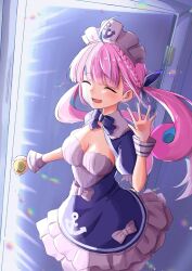 1girl :d ^_^ ahoge anchor_symbol blue_bow blue_dress blue_hair blue_ribbon bow braid breasts cleavage closed_eyes commentary_request dress frilled_dress frills highres hololive kiritoma long_hair maid_headdress medium_breasts minato_aqua minato_aqua_(1st_costume) multicolored_hair open_door open_mouth pink_hair puffy_short_sleeves puffy_sleeves revision ribbon short_sleeves smile solo twintails two-tone_hair very_long_hair virtual_youtuber white_bow wrist_cuffs