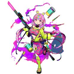 1girl :d asymmetrical_legwear blonde_hair blue_hair bucket game_cg girls&#039;_frontline girls&#039;_frontline_neural_cloud gloves green_hair green_jacket highres jacket navel official_art onono_imoko open_clothes open_jacket open_mouth paint pink_eyes pink_hair puzzle_(neural_cloud) smile solo standing standing_on_one_leg symbol-shaped_pupils tachi-e third-party_source tool_belt transparent_background x-shaped_pupils