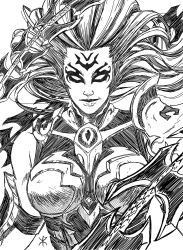 1girl apoloniodraws armor breasts darksiders facial_tattoo greyscale highres lineart lips looking_at_viewer monochrome tattoo weapon whip_sword