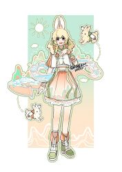 1girl absurdres animal_ears blonde_hair boots chinese_clothes feiren_zai full_body green_boots green_ribbon highres jewelry long_hair long_sleeves looking_at_viewer mountain open_mouth rabbit rabbit_ears red_eyes ribbon scroll shirt shoes skirt smile solo standing sun white_shirt xiaoyu_(feiren_zai) yizhu_tiannanxing_zhiwu