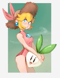 1girl :d :o absurdres bare_arms bare_shoulders blonde_hair blue_eyes brooch cowboy_shot earrings food hair_ribbon hat highres holding holding_food jewelry leotard looking_at_viewer mario_(series) nintendo open_mouth pink_leotard princess_peach ribbon smile standing straw_hat super_mario_bros._2 turnip zambiie