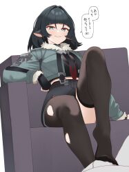 1boy 1girl arm_at_side black_gloves black_hair black_thighhighs blue_eyes blunt_bangs bulge commentary feet fingerless_gloves foot_out_of_frame footjob fur-trimmed_jacket fur-trimmed_sleeves fur_trim gloves green_jacket hair_intakes hetero highres jacket jane_doe_(zenless_zone_zero) knee_up legs long_sleeves looking_at_viewer medium_hair midriff naughty_face no_shoes pantyhose parted_lips pointy_ears pov pov_crotch seductive_smile simple_background sitting smile solo_focus speech_bubble tft_(tft7822) thighhighs thighs toes torn_clothes torn_pantyhose torn_thighhighs translation_request white_background zenless_zone_zero