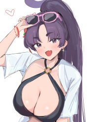 1girl adjusting_eyewear bikini black_bikini blue_archive blush bracelet breasts cleavage eyewear_on_head flower highres jewelry large_breasts looking_at_viewer multiple_bracelets official_alternate_costume official_alternate_hairstyle open_clothes open_shirt pink-framed_eyewear ponytail purple_eyes purple_hair red_flower ryh4 shirt solo sunglasses swimsuit upper_body white_shirt yukari_(blue_archive) yukari_(swimsuit)_(blue_archive)