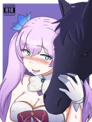 Rule 34 | 1girl, absurdres, animal, aqua eyes, artist name, bare shoulders, blush, breasts, collar, covered erect nipples, detached collar, dress, elpako, excited, eyebrows, eyelashes, from above, gloves, highres, horse, implied bestiality, indie virtual youtuber, kyria (vtuber), large breasts, long hair, looking at another, looking to the side, open mouth, purple background, purple hair, simple background, smile, solo focus, star-shaped pupils, star (symbol), strapless, strapless dress, symbol-shaped pupils, tongue, twintails, upper body, virtual youtuber, white collar, white dress, white gloves