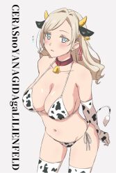 1girl animal_ears animal_print ankara_(ko_ruto3) bare_shoulders bell bikini blue_eyes breasts ceras_yanagida_lilienfeld character_name cleavage collar collarbone commentary cow_ears cow_horns cow_print cow_print_bikini cow_print_thighhighs cow_tail cowboy_shot fake_animal_ears fake_horns fake_tail grey_hair hair_intakes hair_ribbon horns large_breasts link!_like!_love_live! long_hair love_live! navel neck_bell parted_lips pink_ribbon print_bikini print_thighhighs red_collar ribbon side-tie_bikini_bottom simple_background solo stomach string_bikini swimsuit tail thighhighs virtual_youtuber wavy_hair white_background white_bikini white_thighhighs