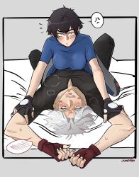 1boy 1girl artist_name black_gloves black_hair black_shirt blue_eyes blush brown_gloves dante_(devil_may_cry) devil_may_cry_(netflix) devil_may_cry_(series) fingerless_gloves girl_on_top gloves green_eyes grey_background heterochromia highres jumpoon lady_(devil_may_cry) lipstick_mark lipstick_mark_on_face pinned red_eyes shirt white_hair