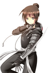 1girl blade brown_hair female_focus flask_(pandora) fullmetal_alchemist hair_bun highres kunai lan_fan looking_at_viewer mechanical_arms simple_background single_hair_bun single_mechanical_arm solo weapon white_background