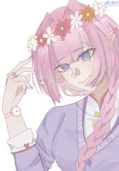 Rule 34 | 1girl, absurdres, alternate costume, artist name, braid, breasts, chinese commentary, commentary request, elf, elysia (honkai impact), head wreath, highres, honkai (series), honkai impact 3rd, long hair, looking at viewer, medium breasts, pink hair, pink nails, pink pupils, pointy ears, purple sweater, simple background, single braid, smile, solo, sweater, upper body, watch, white background, wristwatch, yesen
