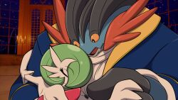 ascot beast_(disney) beast_(disney)_(cosplay) beauty_and_the_beast blue_jacket blue_skin bob_cut candle closed_eyes colored_skin cosplay dancing elbow_gloves game_freak gardevoir gen_3_pokemon gloves green_hair hair_over_one_eye head_on_chest jacket mega_gardevoir mega_pokemon mega_swampert mgx0 nintendo pokemon pokemon_(creature) smile swampert white_ascot white_gloves white_skin window