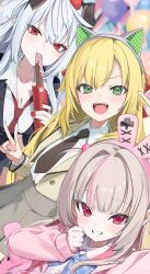1boy 2girls alternate_costume animal_ear_hairband animal_ears black_jacket blazer blonde_hair blurry blurry_background breasts brown_hair cat_ear_hairband cat_ears cleavage collared_shirt colored_inner_hair cropped_jacket crossdressing dog_ear_hairband eating fake_animal_ears fuubuu green_eyes grey_hair grey_skirt hair_intakes hairband high-waist_skirt jacket long_hair looking_at_viewer makaino_ririmu mole mole_under_eye multicolored_hair multiple_girls nail_polish necktie nijisanji pink_eyes pink_hair pink_jacket pleated_skirt rabbit_ear_hairband rabbit_ears red_eyes red_nails sanya_(kuzuha) shirt shirt_tucked_in skirt smile streaked_beard trap tsurime two-tone_hair uzuki_kou v virtual_youtuber white_shirt yellow_jacket