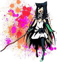 1girl alchemist_(ragnarok_online) animal_ears black_bow black_hair black_pantyhose blood blood_splatter boots bow cape cat_ears cat_girl commentary_request crazy_eyes crazy_smile detached_sleeves dress flat_chest fold-over_boots full_body fur_collar green_boots green_eyes green_sleeves high_contrast holding holding_lead_pipe lead_pipe long_hair meiko_(nattu303) open_mouth pantyhose ragnarok_online sash simple_background smile solo strapless strapless_dress very_long_hair white_dress
