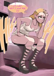 Rule 34 | 1girl, absurdres, barbara (biku), biku, blonde hair, bow, bow panties, breasts, cleavage, clothes lift, dress, dress lift, english text, female focus, highres, jewelry, necklace, on toilet, original, panties, panties tag, panty tag, peeing, relief, sitting, solo, speech bubble, toilet, underwear, white dress, white panties