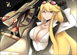 Rule 34 | 1girl, absurdres, alphamon, armor, black armor, black helmet, blonde hair, breasts, c0rnnnnnn, cleavage, digimon, digimon (creature), digimon story: cyber sleuth, eyewear on head, forehead jewel, helmet, highres, knight, kuremi kyouko, large breasts, long hair, shirt, sunglasses, upper body, white shirt