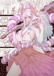 1girl armpits bare_arms breasts cleavage clothing_cutout club_(weapon) curled_horns dress eyelashes glasses hair_ornament hair_stick hakama hakama_pants highres holding holding_mask horns japanese_clothes jun_wu_mo kimono large_breasts legs long_hair looking_at_viewer low-cut_armhole mask multicolored_horns one_piece oni pants red-framed_eyewear red_hakama rope shimenawa side_cutout sleeveless sleeveless_dress sleeveless_kimono smile thighs weapon yamato_(one_piece)