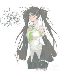 1girl black_hair black_skirt black_sleeves breasts closed_mouth collared_shirt commentary_request cosplay cowboy_shot detached_sleeves facial_scar frown genderswap genderswap_(mtf) green_necktie hatsune_miku hatsune_miku_(cosplay) itou_kaiji kaiji long_hair looking_at_viewer medium_breasts necktie number_tattoo scar scar_on_cheek scar_on_face shirt shoulder_tattoo simple_background skirt sleeveless sleeveless_shirt tattoo twintails very_long_hair vocaloid white_background white_shirt yuylikemyself99