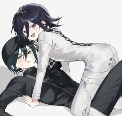 2boys absurdres black_hair black_hat black_jacket blush brown_eyes buttons chama_(chacoc0) check_commentary checkered_clothes checkered_scarf collared_jacket commentary_request danganronpa_(series) danganronpa_v3:_killing_harmony eyelashes flipped_hair from_side hair_between_eyes hat highres jacket long_sleeves looking_at_viewer looking_back male_focus medium_hair multiple_boys oma_kokichi open_mouth pants purple_eyes purple_hair saihara_shuichi scarf short_hair smile sweatdrop two-tone_scarf white_background yaoi