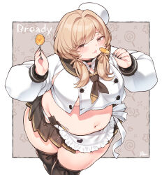 1girl apron ascot belly beret black_nails black_skirt black_thighhighs blush bow bready_(nikke) breasts brown_eyes brown_hair candy character_name choker crop_top fat fat_woman food from_above fusa_(starless2323) goddess_of_victory:_nikke hair_bow hair_over_shoulder hair_ribbon hat heart holding_candy holding_lollipop large_breasts licking_lollipop light_brown_hair lollipop low_twintails midriff miniskirt navel revealing_clothes ribbon shirt skirt solo standing thick_thighs thighhighs thighs tongue tongue_out twintails white_hat white_shirt wristband