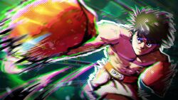 Rule 34 | 1boy, abs, black eyes, black hair, boxing ring, boxing shorts, chromatic aberration, commentary, hajime no ippo, highres, makunouchi ippo, male focus, motion lines, pectorals, shorts, solo, toned, toned male, zerooart