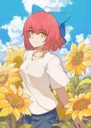 1girl alternate_costume blue_bow blue_sky bow casual closed_mouth cloud collarbone field flower flower_field hair_bow highres kohaku_(tsukihime) looking_at_viewer pants red_hair shirt short_hair short_sleeves sky smile solo sunflower tierra_misu tsukihime white_shirt