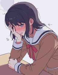 Rule 34 | 1girl, bang dream!, black hair, blue eyes, blush, brown dress, commentary request, dress, ear blush, hair ornament, hairclip, hanasakigawa school uniform, korean commentary, korean text, long sleeves, looking at viewer, medium hair, meobbab2, neck ribbon, okusawa misaki, open mouth, red ribbon, ribbon, sailor collar, sailor dress, school uniform, sidelocks, solo, translation request, white sailor collar