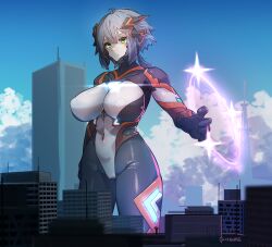 Rule 34 | 1girl, absurdres, artist name, black bodysuit, blue sky, bodysuit, breasts, building, cameltoe, city, closed mouth, cloud, colossus (natsukaze shigure), covered erect nipples, covered navel, day, giant, giantess, green eyes, grey hair, hair between eyes, headgear, highres, impossible bodysuit, impossible clothes, large breasts, magic circle, magical girl, natsukaze shigure, original, outdoors, science fiction, short hair, skin tight, sky, skyscraper, solo, standing, variant set