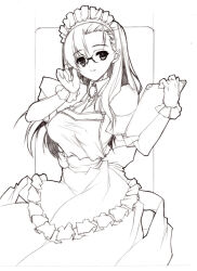 Rule 34 | 1girl, 2000s (style), apron, asymmetrical bangs, breasts, clipboard, commentary request, cowboy shot, frilled apron, frilled gloves, frills, glasses, gloves, greyscale, holding, holding clipboard, kafra uniform, large breasts, leilah (ragnarok online), lineart, long hair, looking at viewer, maid, maid headdress, monochrome, open mouth, puffy short sleeves, puffy sleeves, ragnarok online, short sleeves, simple background, smile, solo, uzuki sakura (mmys534)